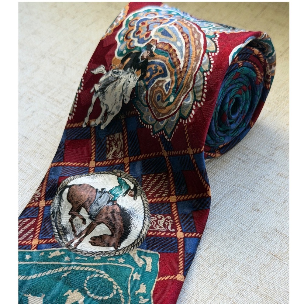 Como Collezione Mens Silk Tie Western Cowboy Bronco Paisley Burgundy Teal 0992